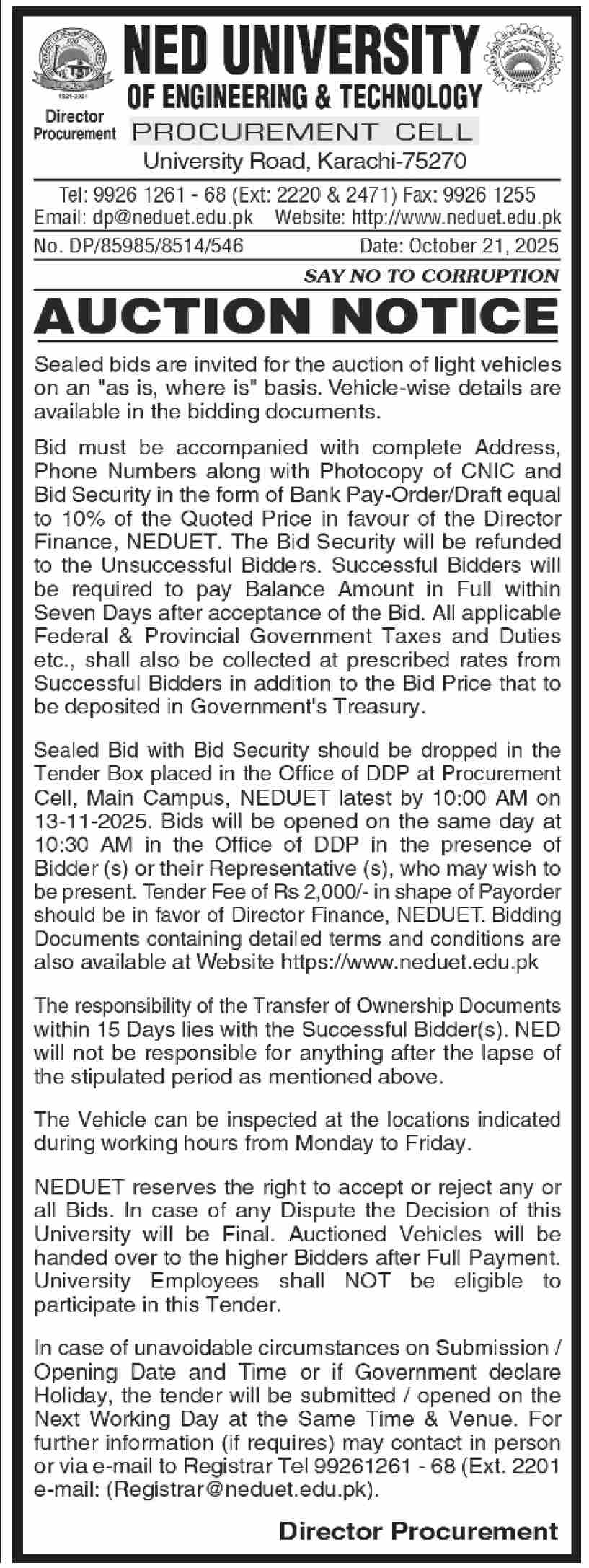 Ned University of Engineering & Technology Karachi Tender Notice